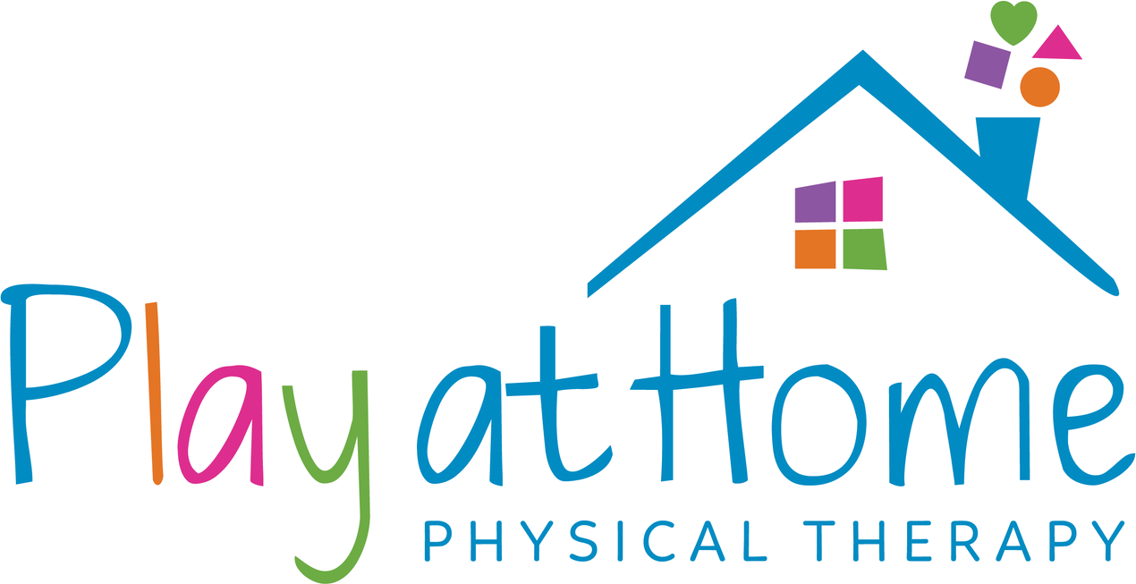 Colorful stylized text saying 'Play at Home,' with 'Physical Therapy' written beneath in smaller letters. Both phrases are nested under a house-shaped roof with colorful windows.